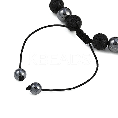 Non-Magnetic Synthetic Hematite & Natural Larvikite & Natural Lava Rock Round Beaded Braided Bracelets for Men Women BJEW-JB11185-02-1