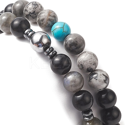 Natural Black Stone & Picasso Jasper & Labradorite & Synthetic Turquois & Non-Magnetic Synthetic Hematite Beaded Stretch Bracelets Sets for Women BJEW-JB09279-1