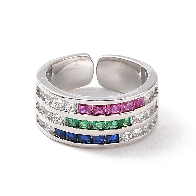Colorful Cubic Zirconia Triple Line Open Cuff Ring RJEW-G270-04P-1