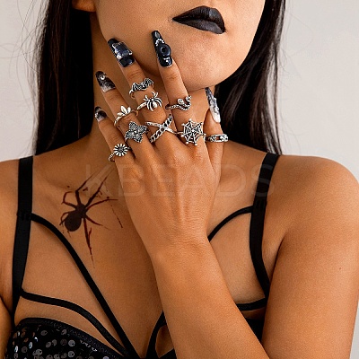 9Pcs 9 Styles Aniaml Alloy Spider & Snake & Bat & Flower Finger Rings Sets for Women PW-WG5EE65-01-1