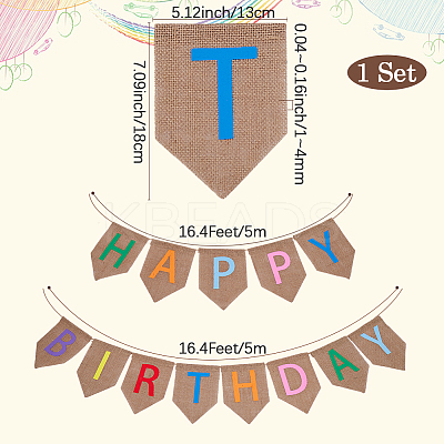 1 Set Word Happy Birthday Linen Hanging Banners Flags AJEW-SP0001-51A-1