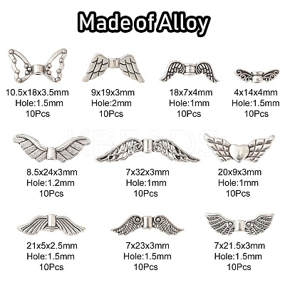 100Pcs 10 Styles Tibetan Style Alloy Fairy Wing Beads TIBEB-CJ0001-27-1