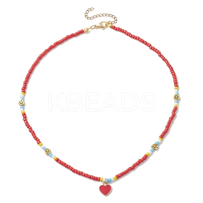 Alloy Enamel Heart Pendant Necklace with Glass Seed Beaded NJEW-JN04641-1