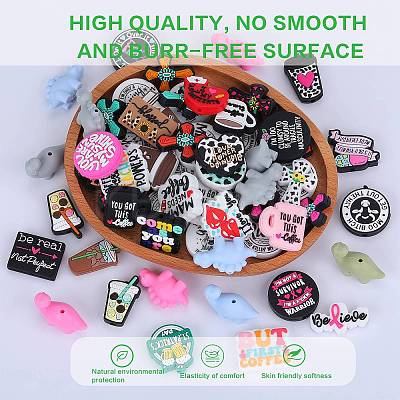 18Pcs 9 Style Flat Round with Word Food Grade Eco-Friendly Printed Silicone Focal Beads SIL-SZ0001-31-1