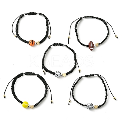 Sport Theme Acylic & Brass Heart Braided Bead Bracelet BJEW-JB09713-1