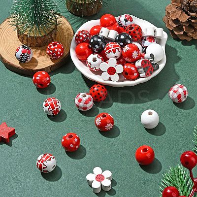 70Pcs 14 Styles Printed Wood Round Beads with 10M Jute Cord WOOD-YW0001-18-1