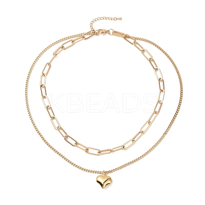 PVD Vacuum Plating 304 Stainless Steel Double Chains Multi Layered Necklace with Heart Charm for Women STAS-E155-24G-1