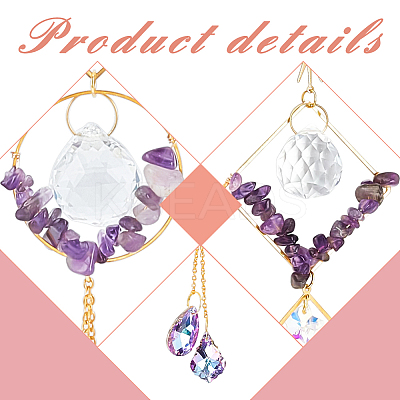 2Pcs 2 Style Teardrop K9 Glass & Natural Amethyst Chip Pendant Decorations HJEW-GO0001-04-1