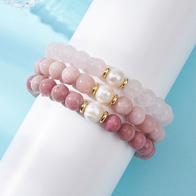 3Pcs Round Natural Rose Quartz & Rhodochrosite & Pink Opal & Pearl Beaded Stackable Stretch Bracelets Sets BJEW-JB12995-1