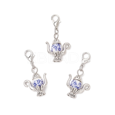 Handmade Flower Printed Porcelain & Tibetan Style Alloy Teapot Pendant Decorations HJEW-JM03670-1