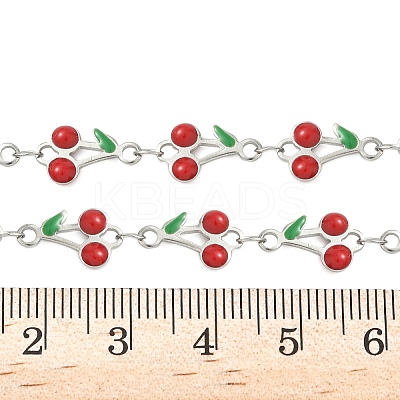 304 Stainless Steel Enamel Red Cherry Link Chain Necklaces for Women NJEW-K249-23G-1