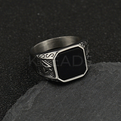 304 Stainless Steel with Natural Black Agate Finger Rings FS-WG06E27-25-1