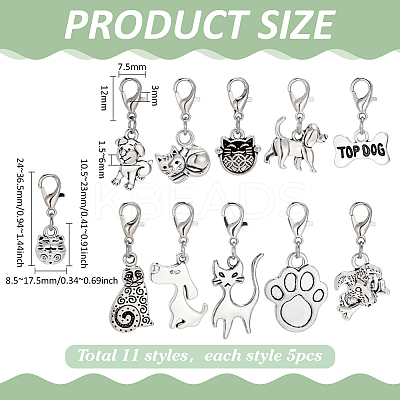 55Pcs 11 Styles Tibetan Style Alloy Kitten Dog Pendant Decorations HJEW-PH02309-1