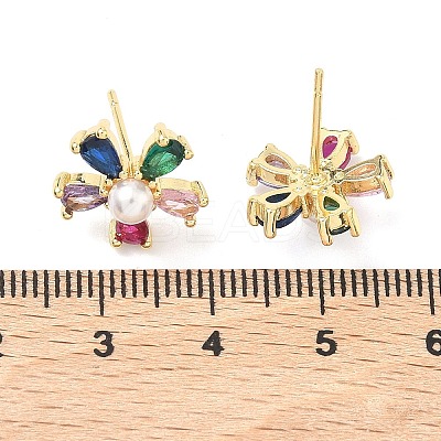 Flower Brass Cubic Zirconia Stud Earrings EJEW-P336-06G-01-1