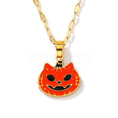 304 Stainless Steel Enamel Halloween Cat Pumpkin Pendant Dapped Chain Necklaces TA2599-1