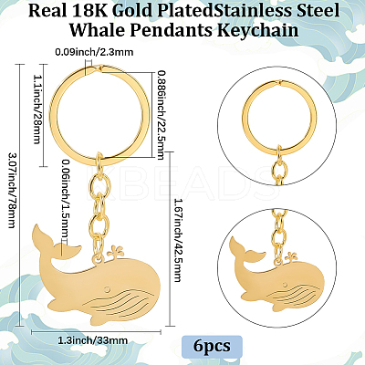 6Pcs Whale Stainless Steel Pendants Keychain KEYC-BBC0001-12A-1