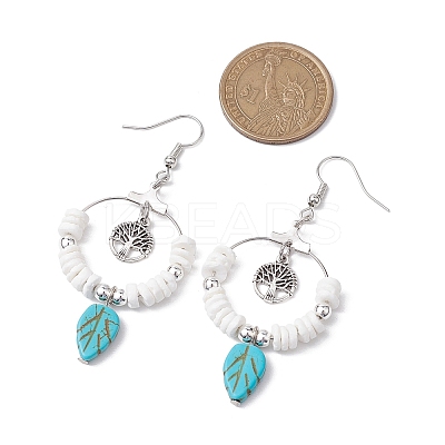 Natural Sea Shell Beads and Synthetical Dyed Turquoise Leaf Pendants Earrings EJEW-JE05921-1