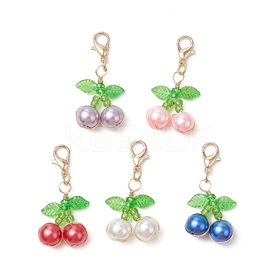 Cherry Copper Wire Wrapped Glass Pearl Pendant Decorations HJEW-JM03024-01-1
