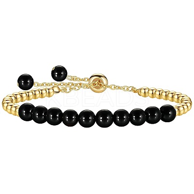 Natural Black Onyx(Dyed & Heated) 304 Stainless Steel Round Beaded Adjustable Slider Bracelets for Men Women AW1156-11-1