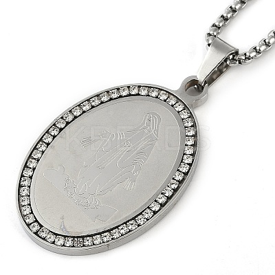 201 Stainless Steel Crystal Rhinestone Religion Virgin Mary Oval Pendant Box Chain Necklaces NJEW-D089-04P-1