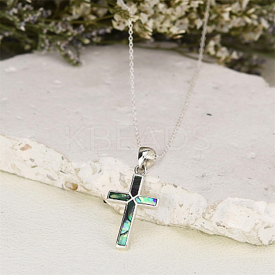 304 Stainless Steel Pave Natural Paua Shell Religion Cross Pendant Necklaces for Women FS-WG66782-01-1
