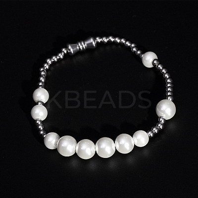 Minimalist Imitation Pearl & 304 Stainless Steel Round Beaded Stretch Bracelets KM8315-2-1