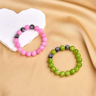 Green Yellow Natural Yellow Jade Round Beaded Stretch Bracelet BJEW-SW00077-06-1