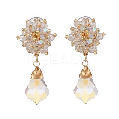 Glass Beaded Flower with Teardrop Dangle Clip-on Earrings EJEW-JE05206-1