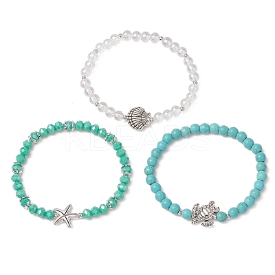 3Pcs 3 Styles Round Glass & Synthetic Turquoise Beads Stretch Bracelets Sets for Women BJEW-JB11654-1