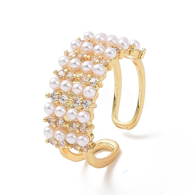 Clear Cubic Zirconia Rectangle Open Ring with Acrylic Pearl Beaded RJEW-P032-17G-1
