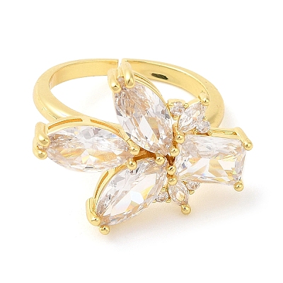 Rack Plating Brass Micro Pave Cubic Zirconia Flower Open Cuff Rings RJEW-A016-07G-1