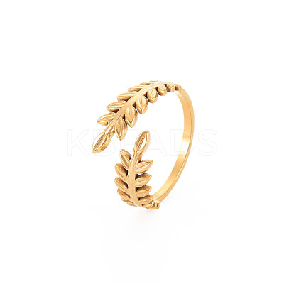 Ion Plating(IP) 304 Stainless Steel Leaf Open Cuff Ring for Women RJEW-S405-190G-1
