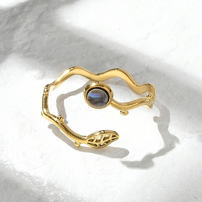 Leaf & Flat Round 304 Stainless Steel Paua Shell Cuff Rings for Women RJEW-G346-01G-01-1