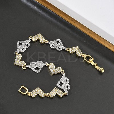 Heart Micro Pave Clear Cubic Zirconia Link Chain Bracelets for Women BJEW-C156-08A-GP-1