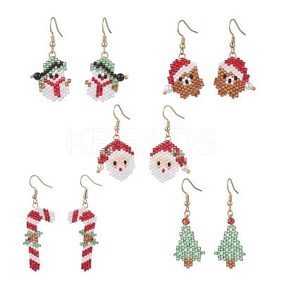 5 Pairs 304 Stainless Steel Glass Seed Beads Christmas Theme Dangle Earrings EJEW-MZ00527-1