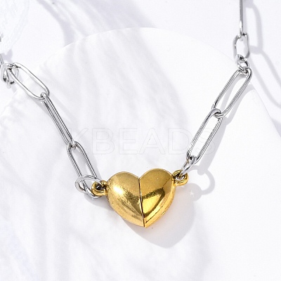 304 Stainless Steel Double-Sided Magnetic Heart Pendant Paperclip Chain Necklaces NJEW-U028-02G-1