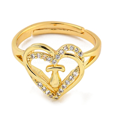 Heart with Letter Rack Plating Brass Micro Pave Clear Cubic Zirconia Adjustable Rings for Women RJEW-I105-01G-T-1