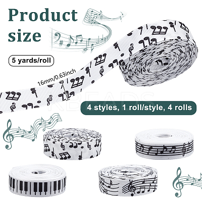 4 Rolls 4 Styles Polyester Musical Note & Piano Keys Printed Ribbon Sets OCOR-PH0004-65-1