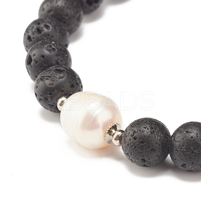 Natural Pearl & Lava Rock Beaded Stretch Bracelet BJEW-JB07760-1