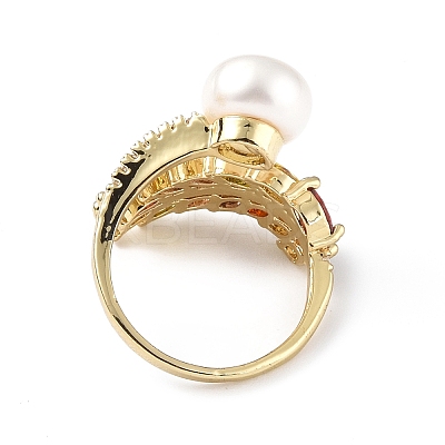 Colorful Cubic Zirconia Wheat with Natural Pearl Open Cuff Ring RJEW-F134-04G-1
