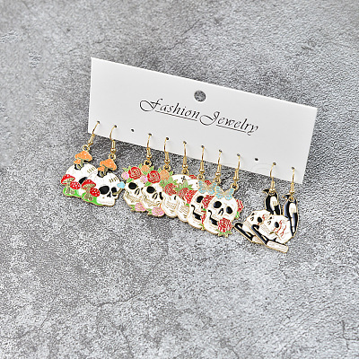 5 Pairs Halloween Skull Alloy Enamel Dangle Earrings FS-WGBF0DA-01-1