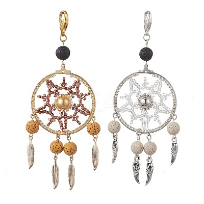 Woven Web/Net with Feather Glass Seed Beads Pendant Decorations HJEW-MZ00074-1
