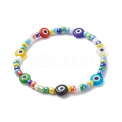 Lampwork Evil Eye & Glass Seed Beaded Necklace Stretch Bracelet SJEW-JS01246-1