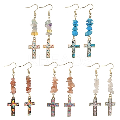 5 Pairs Natural & Synthetic Mixed Stone Cross Dangle Earrings EJEW-JE06603-1