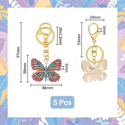5Pcs Colorful Full Rhinestone Butterfly Pendant Keychain KEYC-PH01489-1