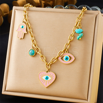 304 Stainless Steel Enamel with Synthetic Turquoise Pink Evil Eye Heart Hamsa Hand Pendant Bib Necklaces for Women FS-WGFA37A-02-1
