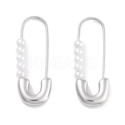 304 Stainless Steel & Plastic Imitation Pearl Safety Pin Hoop Earrings for Women EJEW-C096-05P-1