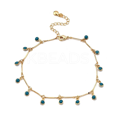Bohemian Brass Bar Link Chain Marine Blue Enamel Sun Tassel Anklets AJEW-Z046-05G-1
