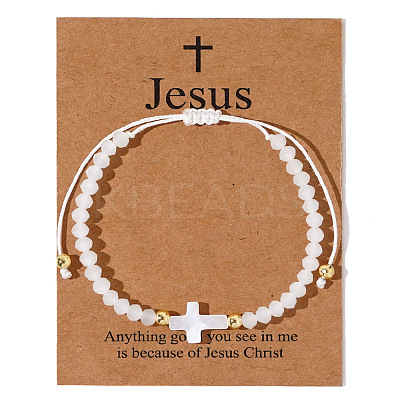 Adjustable Sea Shell Cross & Faceted Rondelle Glass Braided Bead Bracelets for Women AZ6679-5-1