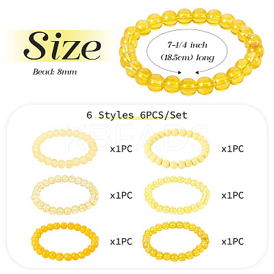 6Pcs 6 Styles 8mm Glass Round Beaded Stretch Bracelet Sets BJEW-TAC0020-1